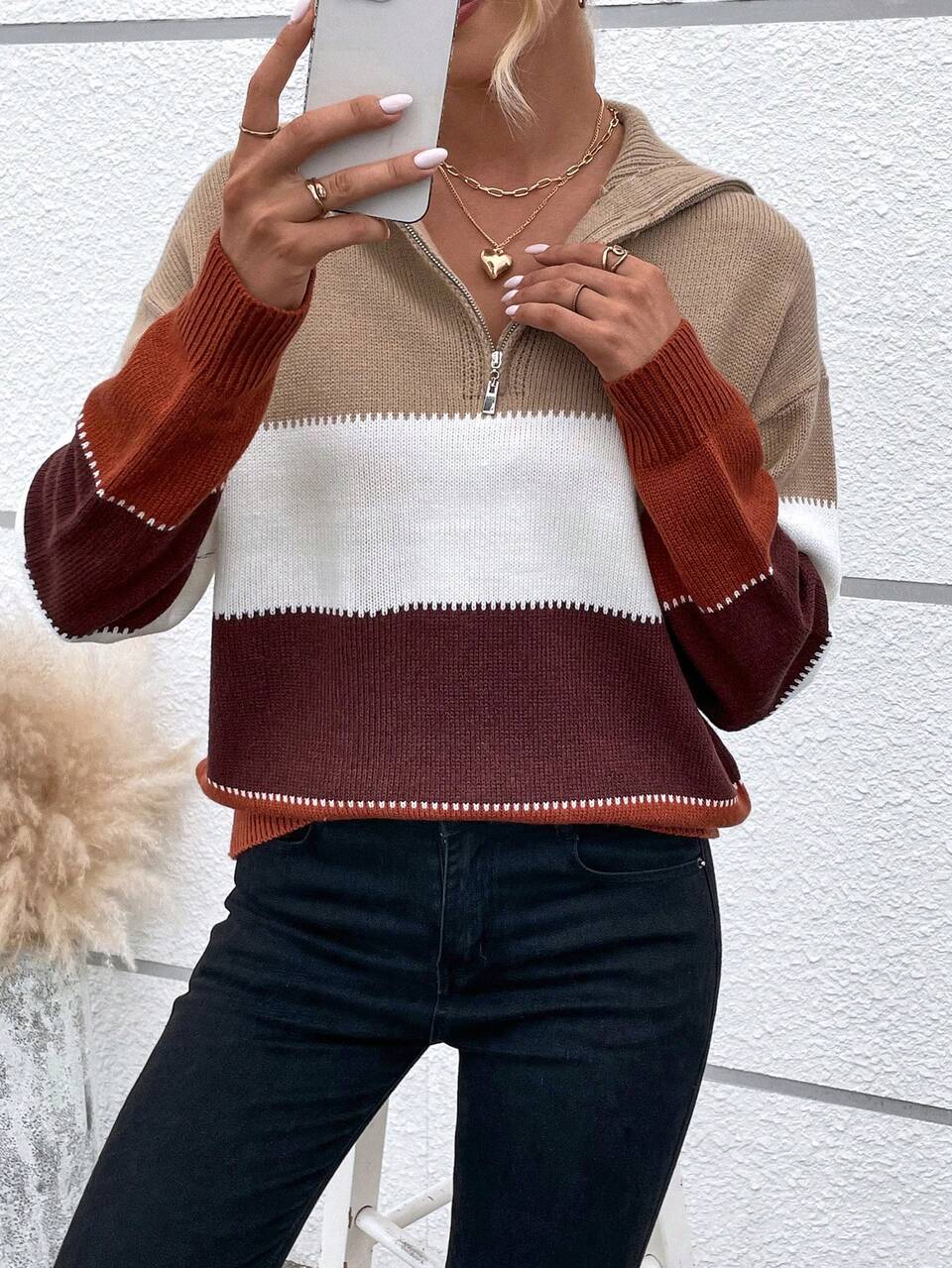 Color Block Drop Shoulder Sailor Collar Half Zip Knit Pullover Fall Winter Sweater