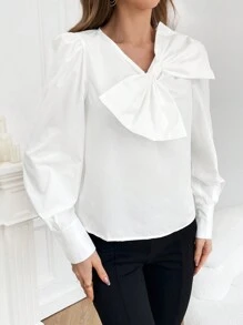 SHEIN Privé Mặt trước Nơ Lớn Ống tay áo Áo sơ mi - trắng - Xem 3