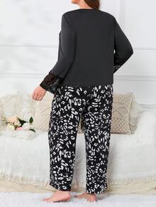 大碼豹紋印花蕾絲拼接睡衣套裝 - 彩色 - 查看 2