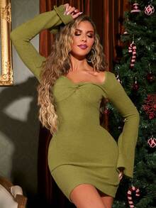 SHEIN SXY 前扭結喇叭袖緊身洋裝 - 綠色 - 查看 5