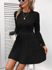 SHEIN LUNE Solid Cable Knit Sweater Dress - Black - View 5