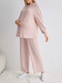 SHEIN Maternity Drop Shoulder Drawstring Hoodie & Adjustable Waist Pants - Pink - View 3