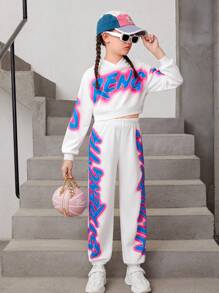 Cô gái Tween Đồ họa Chữ cái Thả vai Áo Hoodie & Quần thể thao - trắng - Xem 5