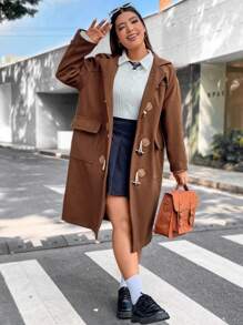 Flirla Plus Flap Pocket Drop Shoulder Duffle Overcoat - Brown - View 5