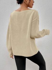 SHEIN LUNE Jersey de cuello barco de hombros caídos tejido de canalé - Beis - Ver 2