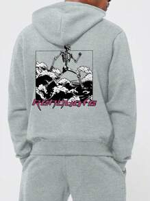 男士骷髏字母印花帶束繩連帽毛絨卫衣 - 灰色 - 查看 1