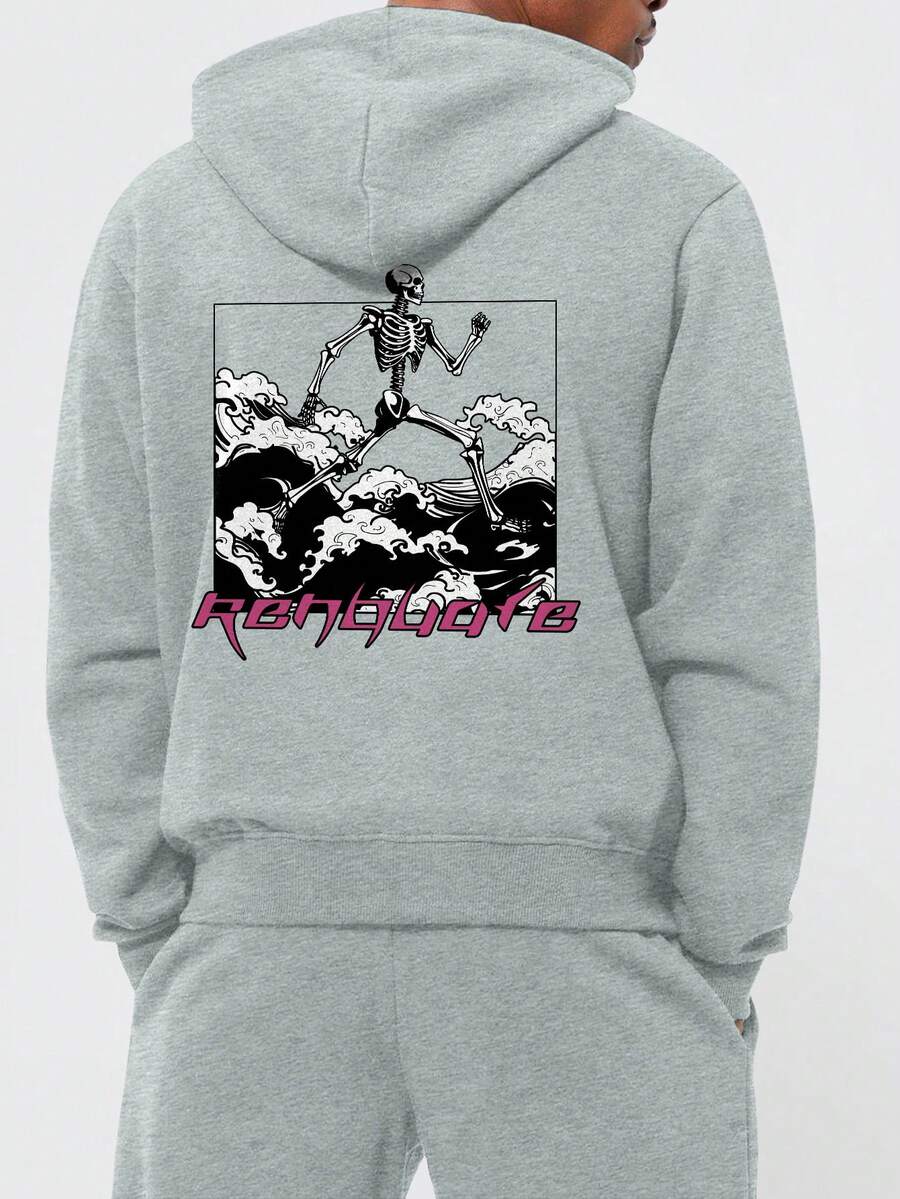 男士骷髏字母印花帶束繩連帽毛絨卫衣 - 灰色 - 查看 1