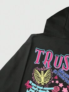 ROMWE MEN Street Life 男士標語和卡通圖案拉鏈連帽衫 - 黑色 - 查看 5