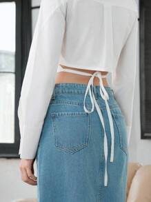 Surplice cổ Áo sơ mi Crop - Màu be - Xem 4