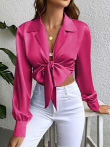 SHEIN Unity Tie Trước Cổ áo Mùa vụ Xa ten Áo sơ mi - Màu Hồng Tươi - Xem 5