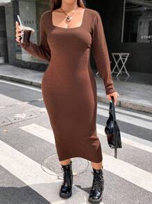 Flirla 大碼方領毛衣洋裝 - 棕色 - 查看 1