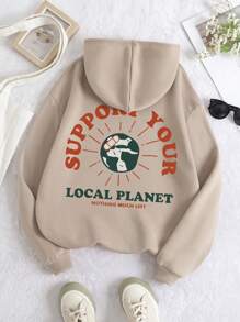 SHEIN EZwear Đồ họa Chữ cái Dây rút Lót nhiệt Hoodie - Màu Khaki - Xem 1