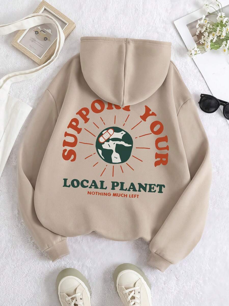 SHEIN EZwear Đồ họa Chữ cái Dây rút Lót nhiệt Hoodie - Màu Khaki - Xem 1