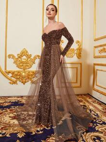 露肩拼接網紗鱼尾下摆的亮片正式晚禮服 - 咖啡棕 - 查看 3