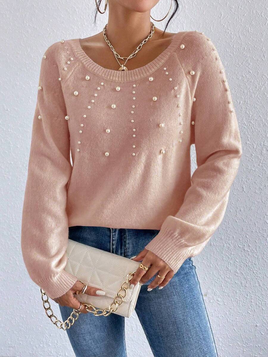 SHEIN Essnce Jersey con cuenta de perla de manga raglán - Caqui - Ver 1