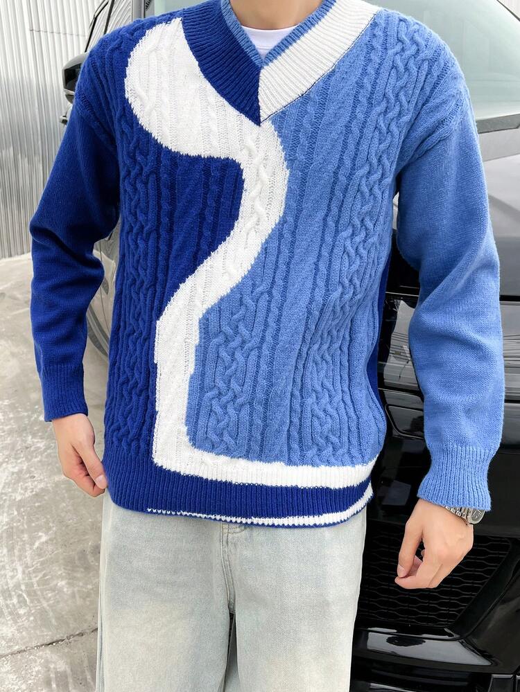 Men 1pc Colorblock Drop Shoulder Cable Knit Sweater