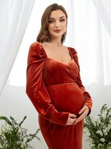 Đầm nhung cổ tim thanh lịch cho bà bầu, dự tiệc - Rỉ Nâu - Xem 4