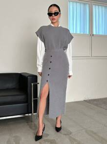 Dazy Star 纯色毛衣背心和纽扣前针织裙（不含衬衫）秋季 - 灰色 - 查看 6