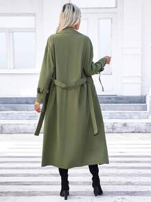 SHEIN Privé Đôi ngực Thắt lưng Áo khoác Trench - xanh quân đội - Xem 2