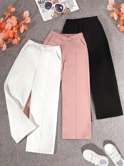 SHEIN ملابس صيفية للفتيات المراهقات، بنطلون واسع الساق بخصر عالي وجيوب مائلة، 3 قطع، للمدرسة والحرم الجامعي والكلية، أنيق وكاجوال فضفاض، بتصميم بسيط باللون الأبيض والوردي الفاتح والأسود