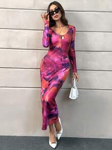 SHEIN Privé 紮染深V領魚尾裙下擺緊身洋裝 - 玫紅色 - 查看 6