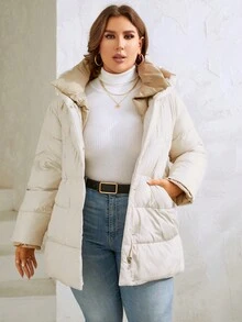 HaiLuoZi Plus Zip Up Snap Button Hooded Down Coat - Beige - View 3