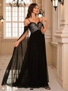 Cold Shoulder Contrast Sequin Prom Dress - Black - View 4