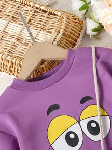 SHEIN Young Girl Cartoon Graphic Sweatshirt & Sweatpants & Bag - Purple - View 5
