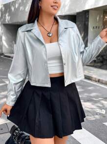 SHEIN Coolane Hơn Tay Raglan chất liệu da PU Áo khoác - Bạc - Xem 1