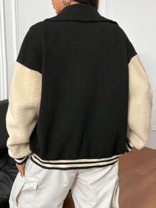 SHEIN Unity Áo khoác lông xù tay dài hở vai chắp vá màu tương phản dành cho nữ - Nhiều màu - Xem 2