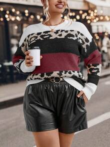SHEIN LUNE Plus Leopard Pattern Colorblock Drop Shoulder Sweater - Burgundy - View 6