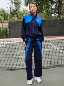 VARSITIE Two Tone Drawstring Waist Zip Up Jacket - Navy Blue - View 6