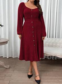 Franclia Plus Sweetheart Neck Lantern Sleeve Single Breasted Dress, Burgundy Women Outfit
