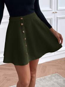 SHEIN Essnce Single Breasted Flare Skirt - Green - View 4