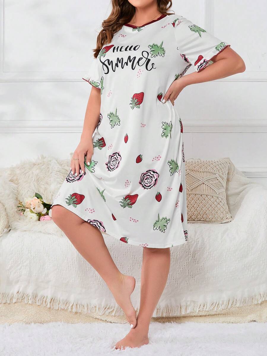Plus Strawberry & Letter Graphic Nightdress - White - View 1