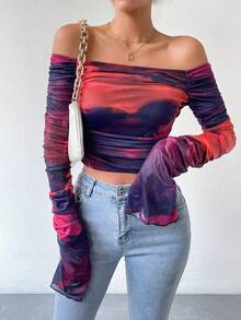 SHEIN Privé 紮染一字肩荷葉袖褶邊短款上衣 - 酒紅色 - 查看 2