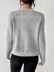 SHEIN Essnce 前鏤空落肩袖套頭毛衣 - 灰色 - 查看 2