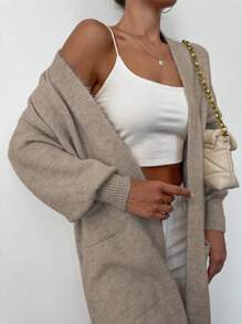 Dual Pocket Drop Shoulder Open Front Longline Duster Cardigan - Camel - View 3