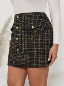 SHEIN Clasi Plus Plaid Pattern Button Front Tweed Skirt - Black - View 3