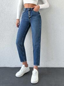 Cloudara Button Fly Mom Fit Jeans - Medium Wash - View 3