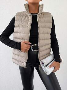 EURMUSE 拉鏈開襟羽絨背心大衣 - 米色 - 查看 5