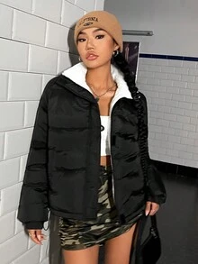 SHEIN EZwear 拉链保暖衬里棉服 - 彩色 - 查看 5
