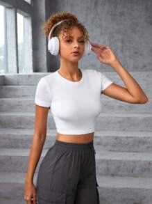 SHEIN 女性青少年無縫針織純色圓領短袖運動t恤 - 白色 - 查看 3