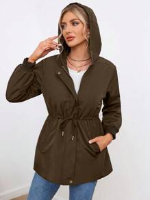 Aveloria Winter Clothes Casual Solid Color Drawstring Hooded Padded Padded Coat - Coffee Brown - View 3