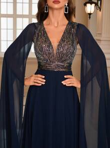 UNITHORSE Contrast Sequin Cloak Sleeve Prom Dress Elegant Long Sleeve Formal Evening Wedding Guest Gown, For Graduation, Dinner Party Dress - Navy Blue - View 8