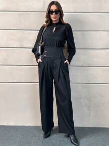 SHEIN Privé Encolure Trou De Serrure Manches Bouffantes Top & Pantalon Ample
