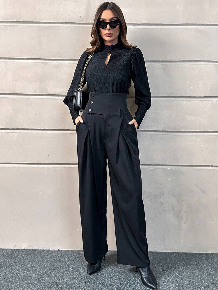 Keyhole Neckline Lantern Sleeve Top & Wide Leg Pants