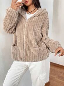 Muchica Túi Kép Thả vai áo có mũ Áo khoác Teddy - Màu Khaki - Xem 6