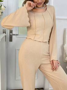 Khâu trên cùng Tay áo kèn  Bộ áo Tee & quần Lounge - Màu Khaki - Xem 4