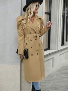 SHEIN LUNE 羊腿袖雙排釦腰帶風衣外套 - 卡其色 - 查看 6